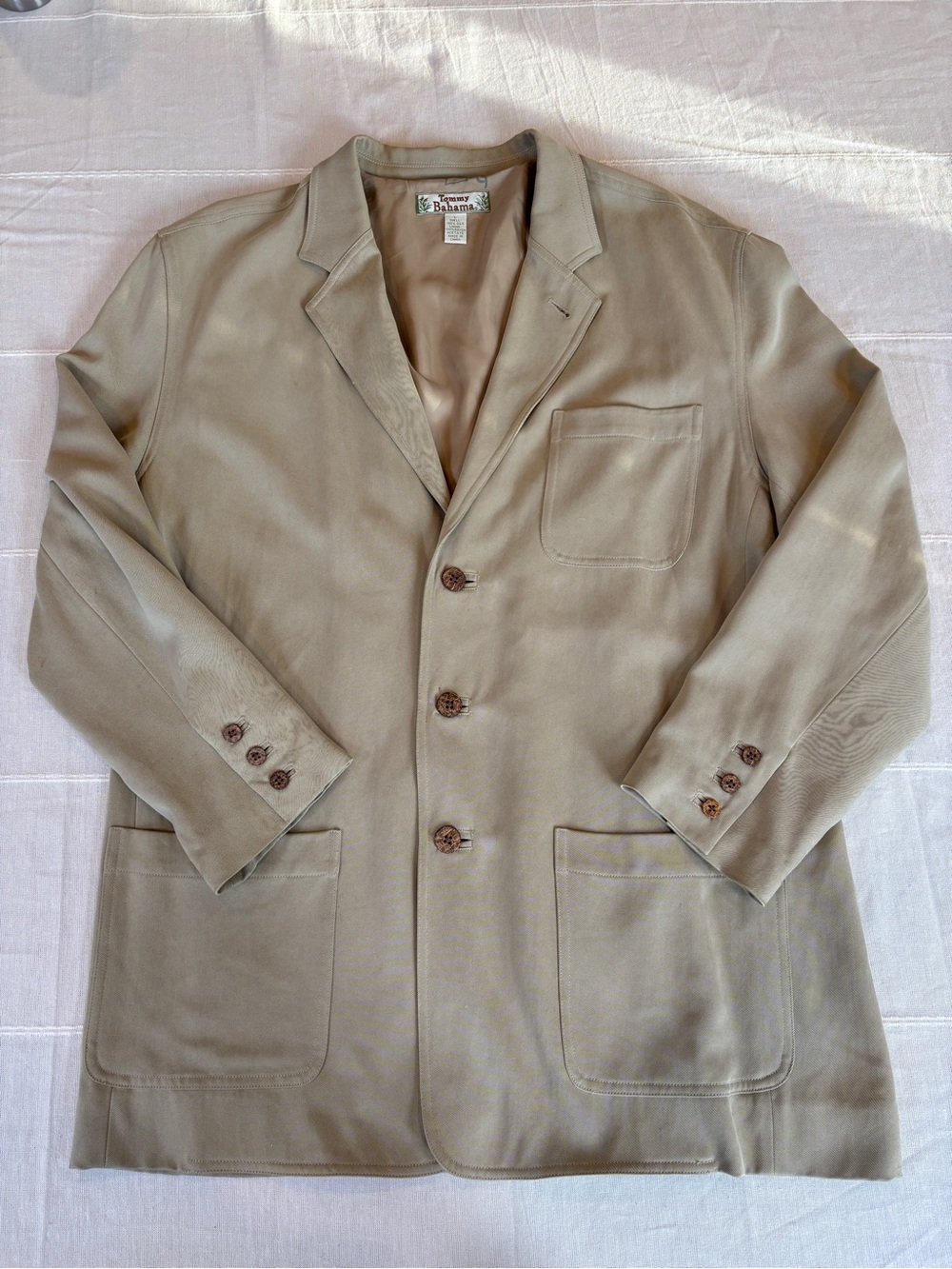 Tommy Bahama 100% Silk Sport Coat Blazer Men’s Large Tan‎ Beige 3 Button Luxury